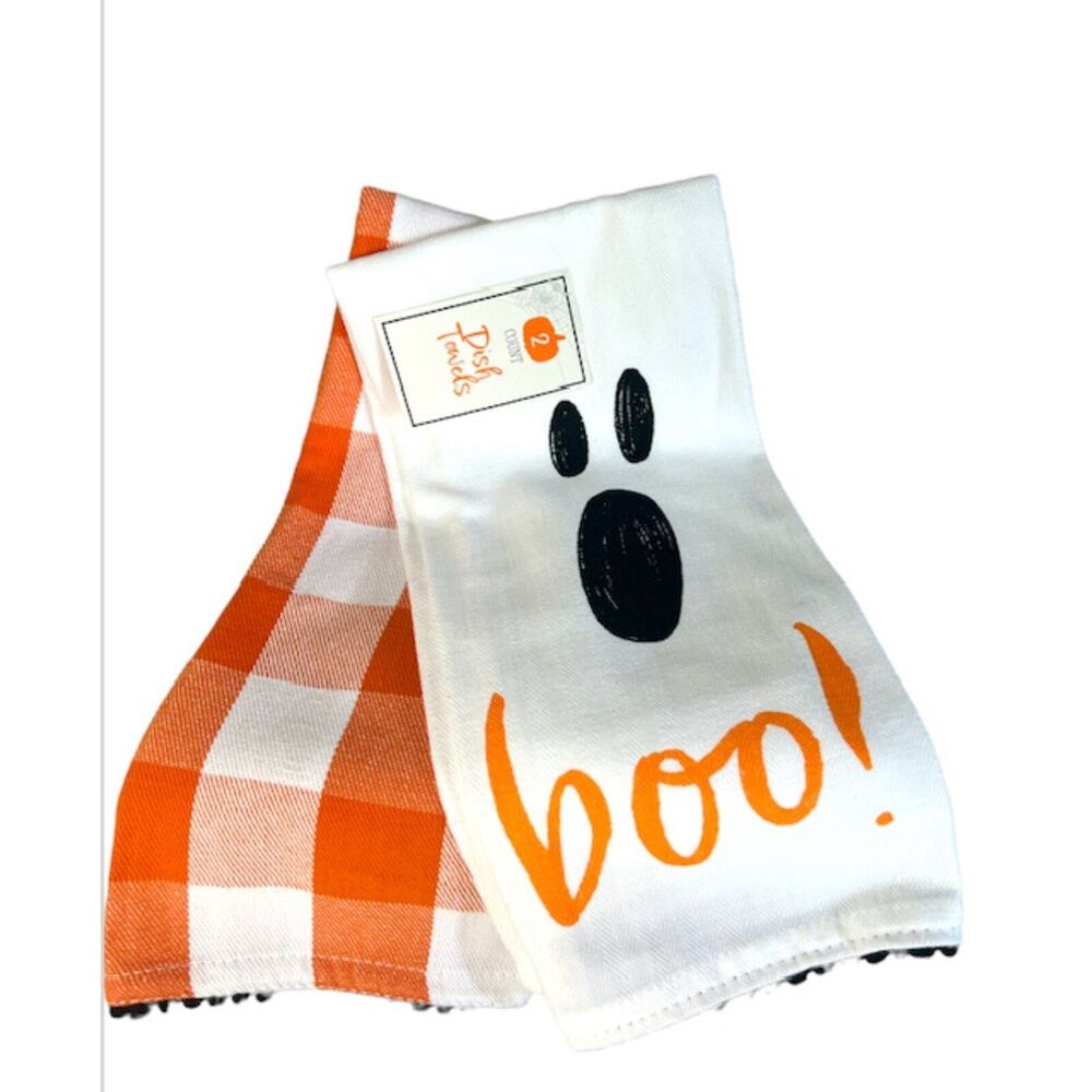 Halloween Set of 2 Dish Towels BOO Ghost and Orange Plaid Black Pompom Trim NEW